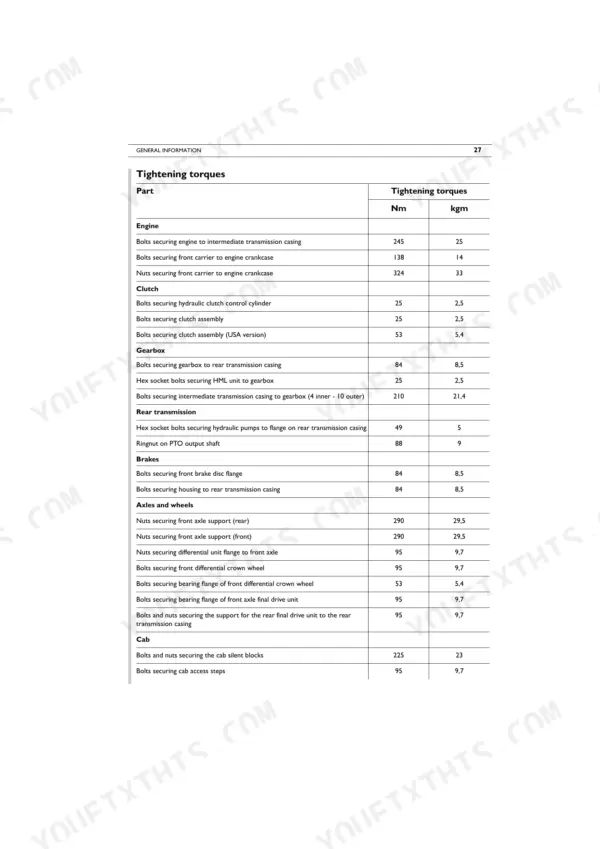 Same SILVER 110, SILVER 130 tightening torques table for engine, clutch, gearbox, brakes, axles, wheels, and cab components.