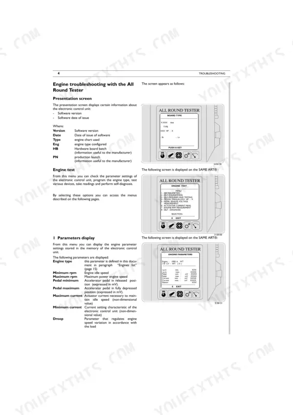 Same SILVER 110, SILVER 130 engine troubleshooting guide using All Round Tester diagnostic screens and parameters.