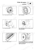 same-titan-to-190-tractor-workshop-manual-307-1055-3-0-troubleshooting-106.webp Same Titan 160, Titan 190 engine assembly diagrams: fan, thermostat, fuel pump, oil radiator, and flywheel installation.