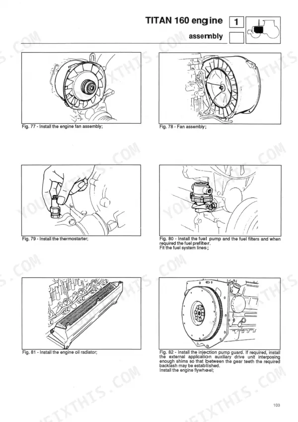 Same Titan 160, Titan 190 engine assembly diagrams: fan, thermostat, fuel pump, oil radiator, and flywheel installation.
