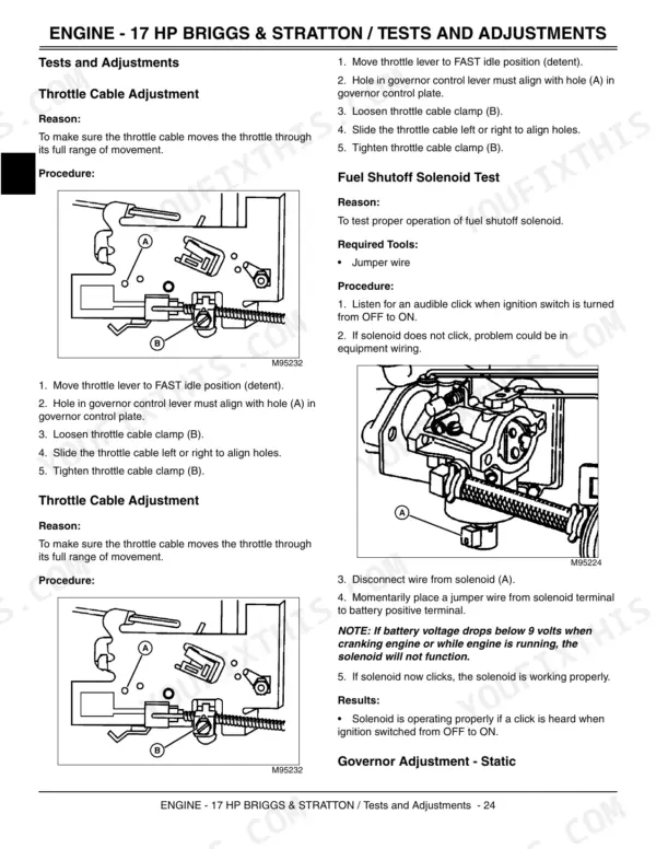 Scotts L1642, L17.542, L2048, L2548 engine throttle cable adjustment and fuel shutoff solenoid test procedures.