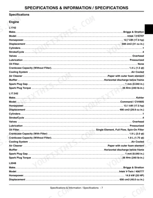 Scotts L1642, L17.542, L2048, L2548 engine specifications table for Briggs & Stratton and Kohler engines.