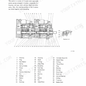 Takeuchi TB 62, TB68, COMPACT EXCAVATOR, TB68 Compact Excavator main hydraulic pump exploded view and parts list.