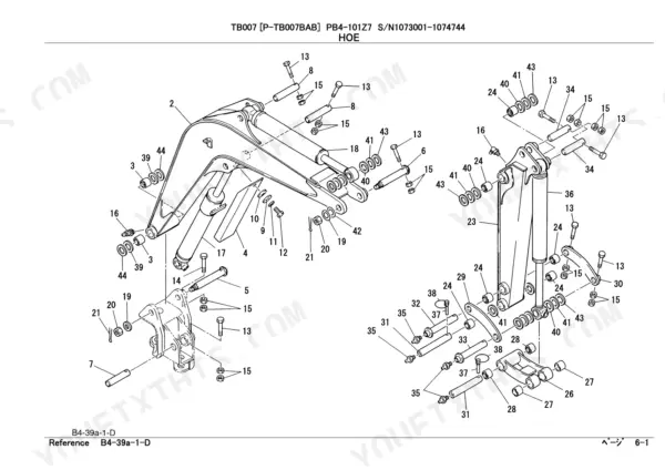 Takeuchi TB007 exploded view diagram of the hoe boom, arm, and bucket linkage assembly with numbered parts list.