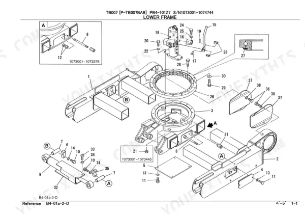 Takeuchi TB007 lower frame exploded view showing swing bearing, swivel joint, and track frame components.
