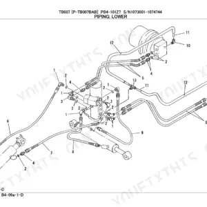Takeuchi TB007 lower hydraulic piping diagram showing hoses, fittings, and connectors for the excavator system.