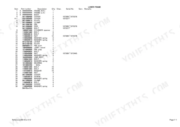 Takeuchi TB007 lower frame parts list table with item numbers, part numbers, and component descriptions.