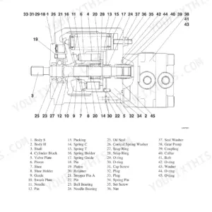 Takeuchi TB014, TB016 hydraulic pump construction exploded view diagram with numbered component parts list.