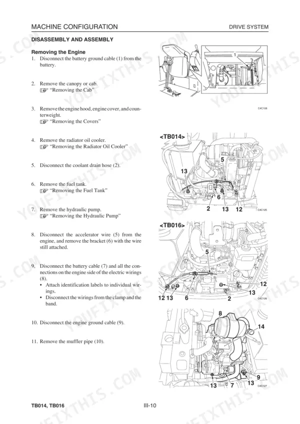 Takeuchi TB014, TB016 engine removal procedure steps and component diagrams for the drive system disassembly.