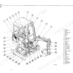 Takeuchi TB015 exploded view diagram identifying major excavator components like cab, boom, bucket, and hydraulic systems.