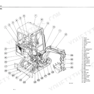 Takeuchi TB015 exploded view diagram identifying major excavator components like cab, boom, bucket, and hydraulic systems.