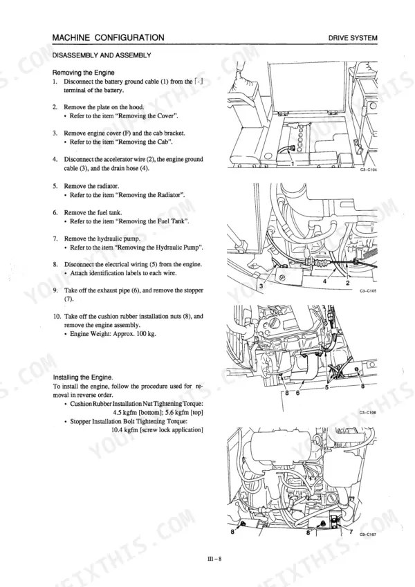 Takeuchi TB015 engine removal and installation procedure with diagrams showing battery, accelerator wire, and engine mounts.