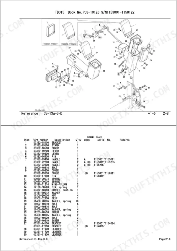 Takeuchi TB015 exploded view and parts list for cab stand assembly, including brackets, levers, handles, and hardware.
