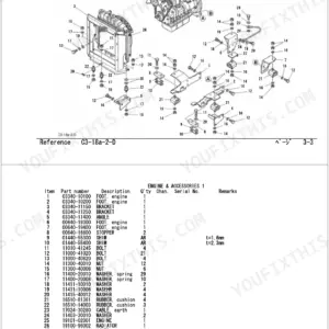 Takeuchi TB015 exploded view of engine mounts, radiator, and accessories with parts list and reference numbers.