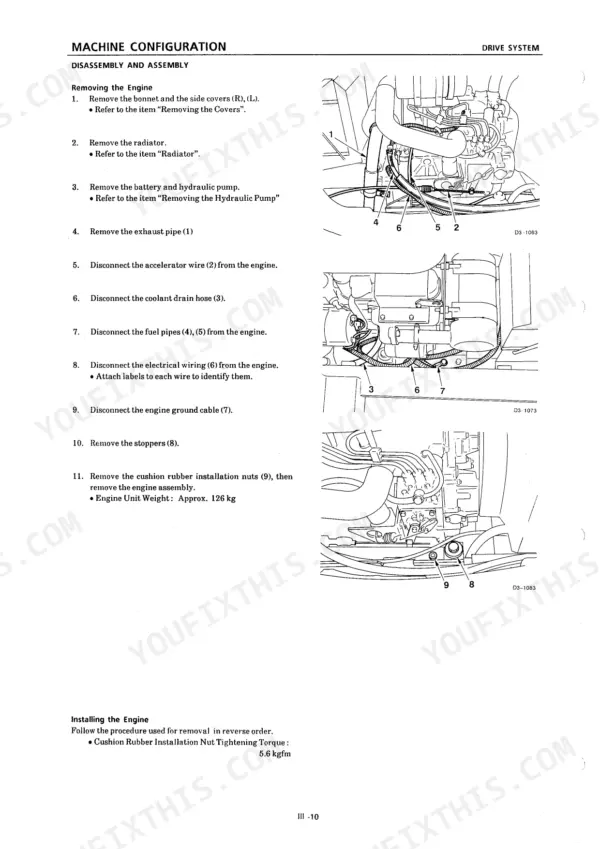 Takeuchi TB020, COMPACT EXCAVATOR, 78.4 mm STROKE SERIES, 00880, engine removal and installation procedure diagrams