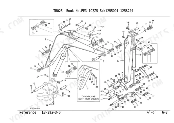 Takeuchi TB025 exploded view diagram of boom, arm, and bucket linkage components with numbered parts list references.