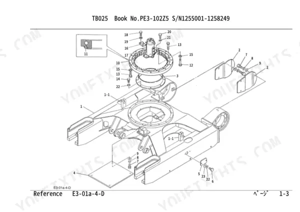 Takeuchi TB025 exploded view of the swing bearing, frame, and mounting hardware components.