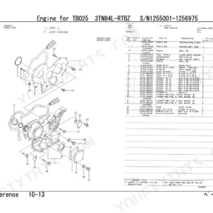 Takeuchi TB025 engine gear housing exploded view diagram and parts list for 3TN84L-RTBZ engine.