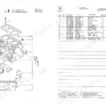 Takeuchi TB030(B) cylinder block exploded view diagram and parts list including head gasket, main bearings, and bolts.