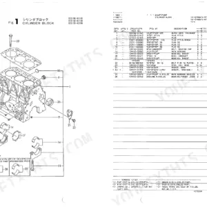 Takeuchi TB030(B) cylinder block exploded view diagram and parts list including head gasket, main bearings, and bolts.