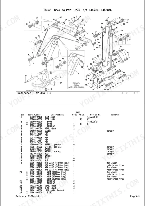 Takeuchi TB045 exploded view diagram and parts list for boom and arm assembly components, including pins, bushings, and seals.