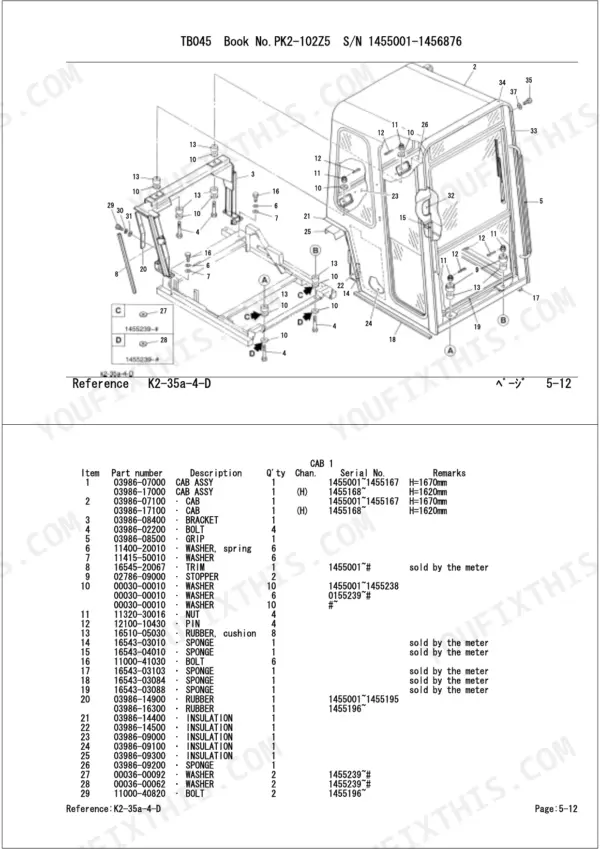 Takeuchi TB045 exploded view diagram and parts list for cab assembly components, mounts, and hardware.