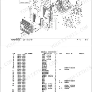 Takeuchi TB045 exploded view of engine mounting, radiator, and accessories with parts list table for reference K2-18a-2-D.