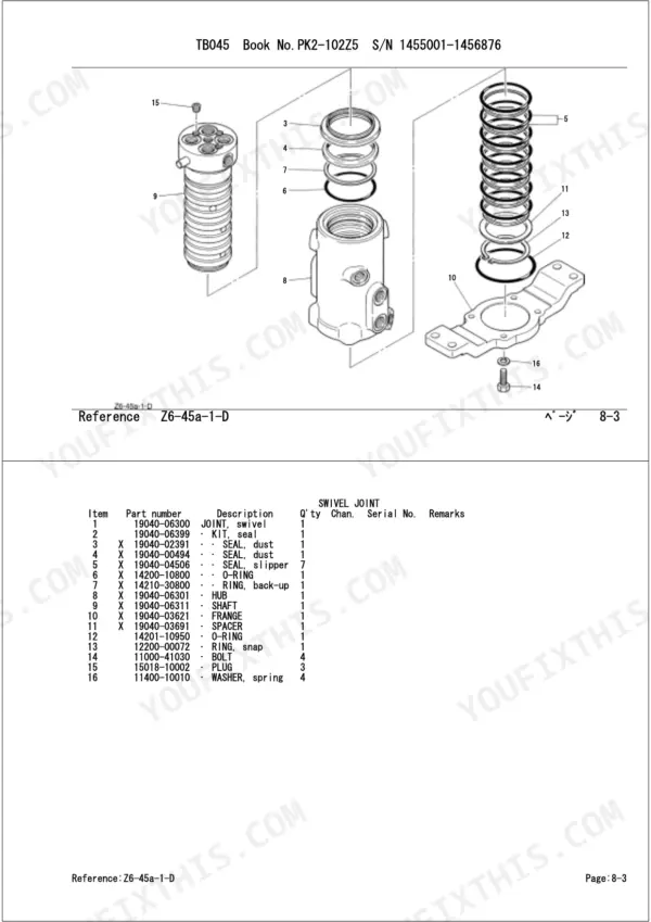 Takeuchi TB045 exploded view and parts list for the swivel joint assembly, including seals, hub, shaft, and flange.