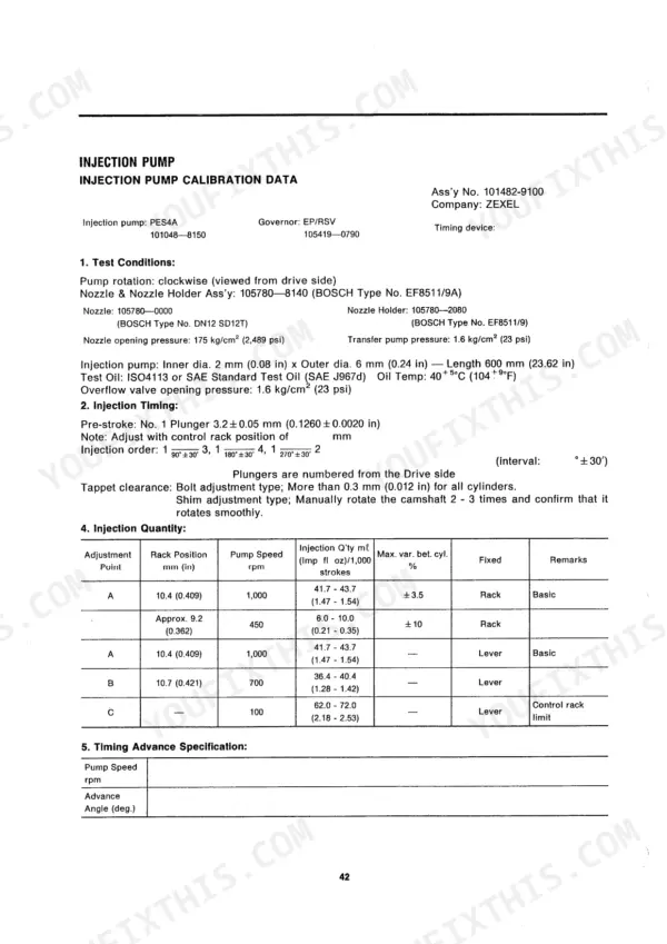 Takeuchi TB070 Zexel injection pump calibration data table, test conditions, injection timing, and quantity specifications.