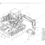 Takeuchi TB070 exploded view diagram identifying major components like cab, boom, bucket, and hydraulic tank.