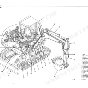 Takeuchi TB070 exploded view diagram identifying major components like cab, boom, bucket, and hydraulic tank.