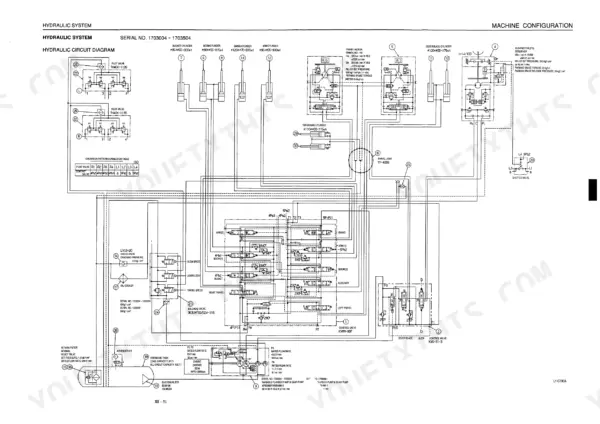 Takeuchi TB070 hydraulic circuit diagram showing cylinders, motors, control valves, and operation pattern table.