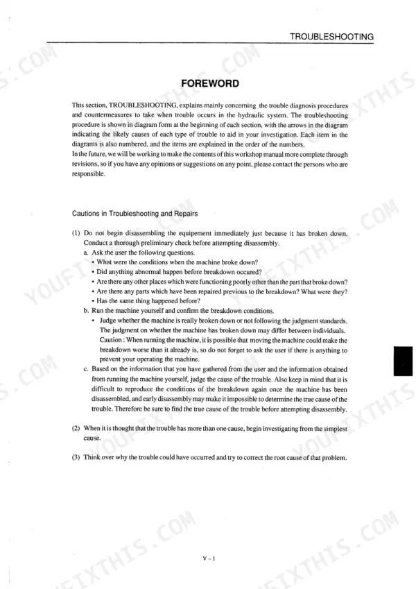 Takeuchi TB070 troubleshooting manual foreword, detailing hydraulic system diagnosis procedures and repair safety precautions.