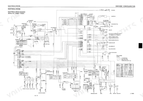 Takeuchi TB070 electrical wiring diagram showing starter, relays, switches, and machine configuration components.
