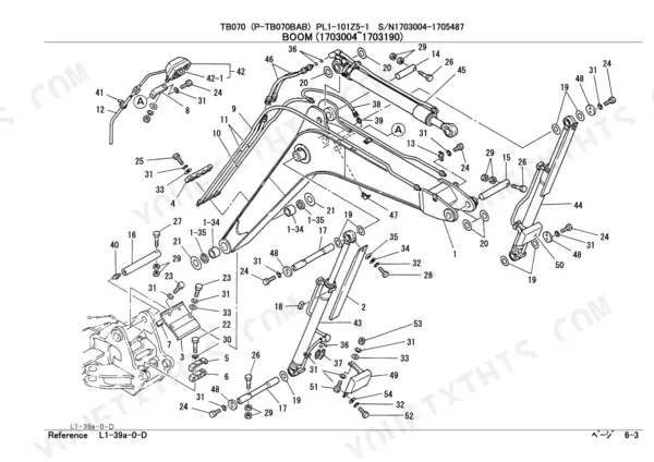 Takeuchi TB070 exploded view diagram of boom assembly, including hydraulic cylinders, pins, and mounting hardware.