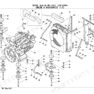 Takeuchi TB070W exploded view of engine, radiator, and mounting accessories including dampers and hardware.