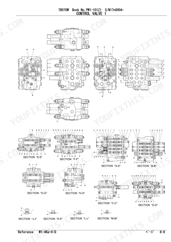 Takeuchi TB070W control valve 1 exploded view showing multiple cross-section diagrams A-A through M-M with component labels.