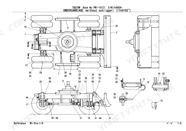 Takeuchi TB070W undercarriage exploded view diagram showing frame, wheels, and blade components for parts identification.