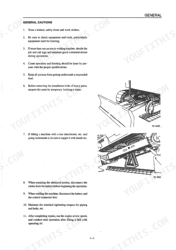 Takeuchi TB07DW, TB070W general safety cautions for hoisting, lifting, and electrical repairs with machine diagrams.