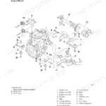 Takeuchi TB108 engine mount exploded view diagram showing muffler, air cleaner, fuel filter, and torque specifications.