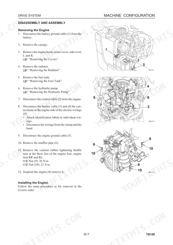 Takeuchi TB108 engine removal and installation procedure with diagrams showing battery, control cable, and engine foot mounts.