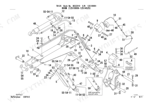 Takeuchi TB125 boom exploded view diagram showing hydraulic cylinders, pins, and mounting hardware components.