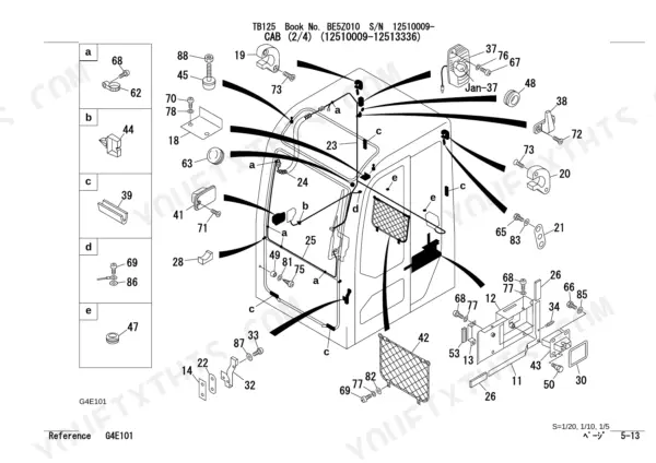 Takeuchi TB125 exploded view diagram of cab components, including window seals, mounting hardware, and interior trim parts.
