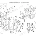 Takeuchi TB125 exploded view diagram of engine accessories, radiator, and mounting components.