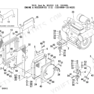 Takeuchi TB125 exploded view diagram of engine accessories, radiator, and mounting components.