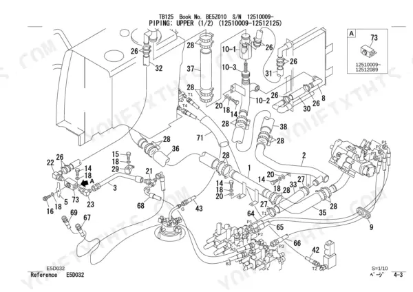 Takeuchi TB125 exploded view of upper piping system showing hoses, clamps, and hydraulic connections.