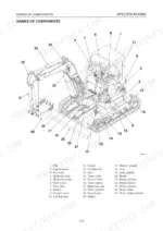 takeuchi-tb138fr-compact-excavator-workshop-manual-cg5e001-exploded-view-21.webp Takeuchi TB138FR, TB138FR Compact Excavator, YDP-MP2, YDP-MP4 exploded view diagram showing numbered component names.