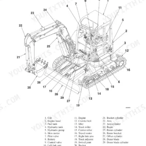 Takeuchi TB138FR, TB138FR Compact Excavator, YDP-MP2, YDP-MP4 exploded view diagram showing numbered component names.