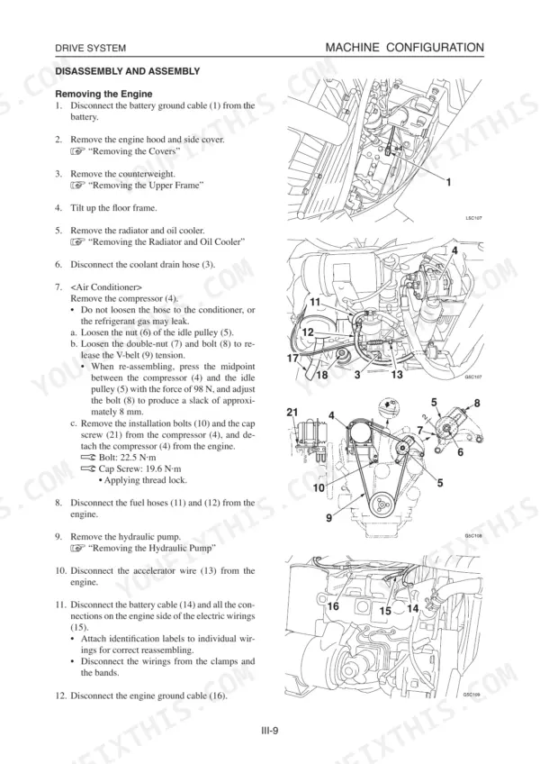 Takeuchi TB138FR, TB138FR Compact Excavator, YDP-MP2, YDP-MP4 engine removal and AC compressor disassembly procedure.