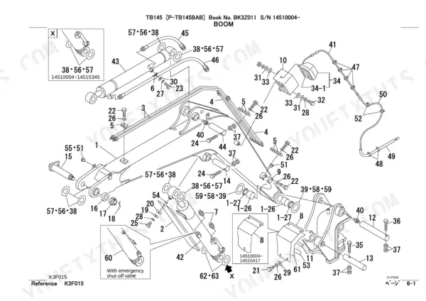 Takeuchi TB145 exploded view diagram of boom assembly, including hydraulic cylinders, pins, hoses, and mounting hardware.